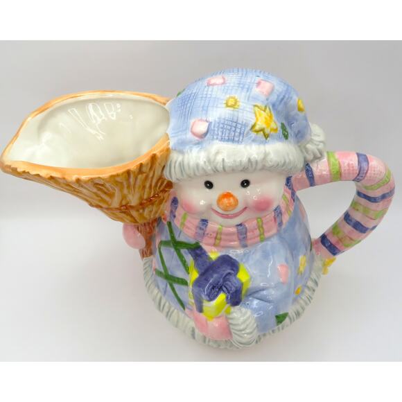 Ceramic Snowman Pitcher Christmas Jug Hand Painted Broom Spout 7” Unbranded - Picture 7 of 11